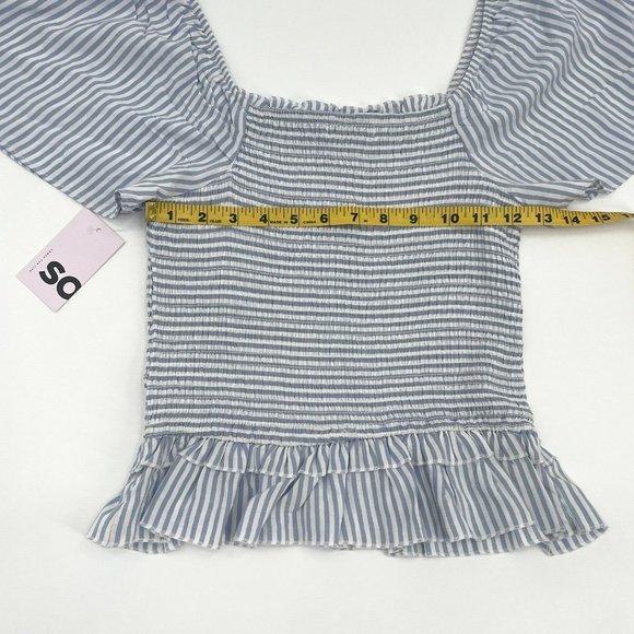 Smocked Flutter Short Sleeve Top Blue Striped Size M - Picture 6 of 7